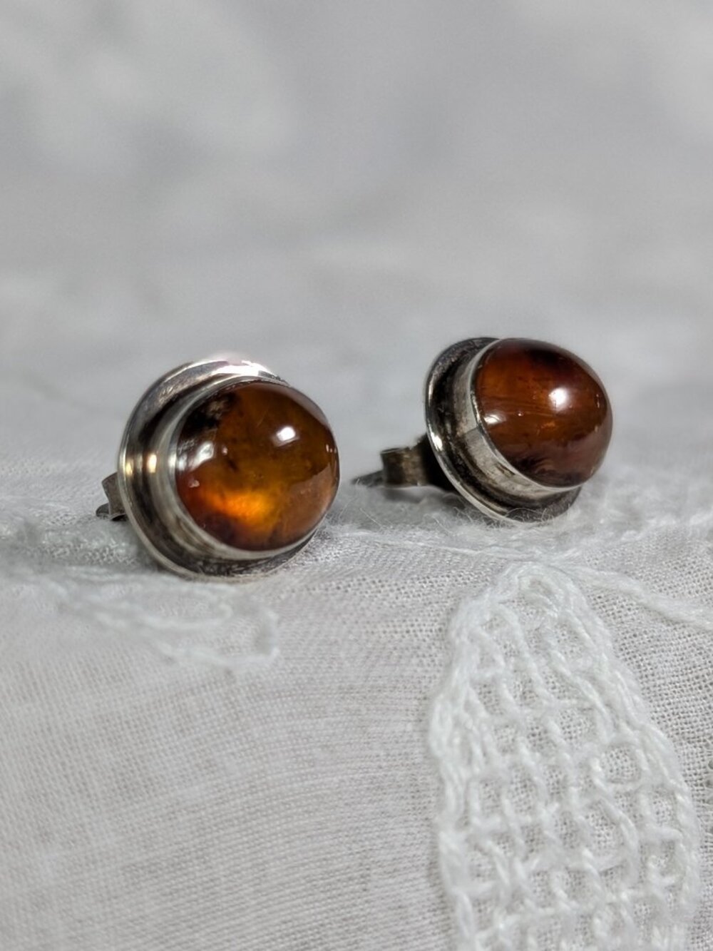 Vintage Amber Cabochon Orange/Cognac Stone with Silver Stud Post Earrings - Picture 9 of 13